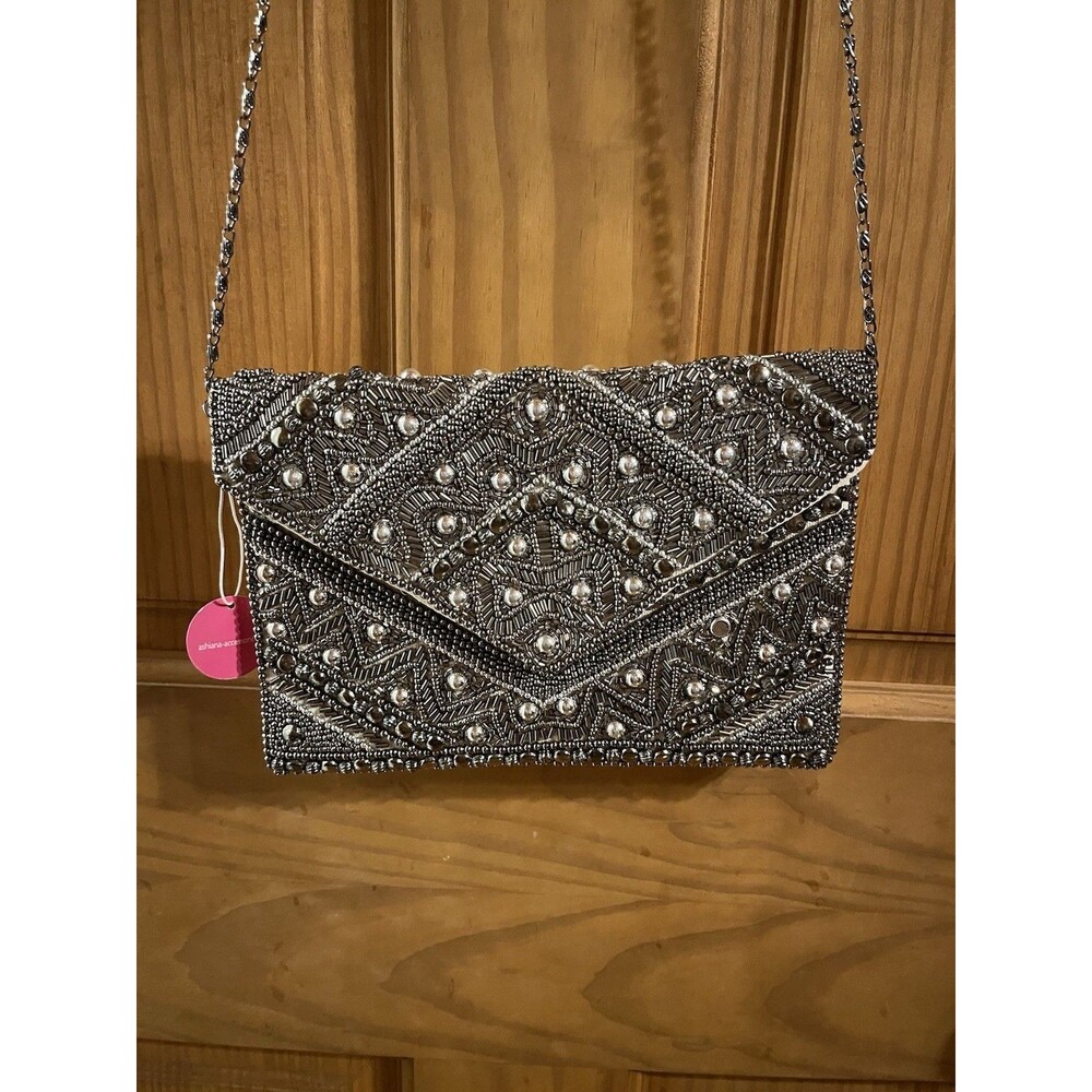 Ashiana Women’s Silver Beaded Clutch/Shoulder Bag with Geometric Pattern Design